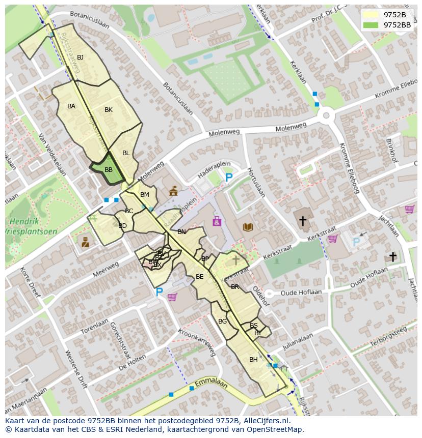 Afbeelding van het postcodegebied 9752 BB op de kaart.