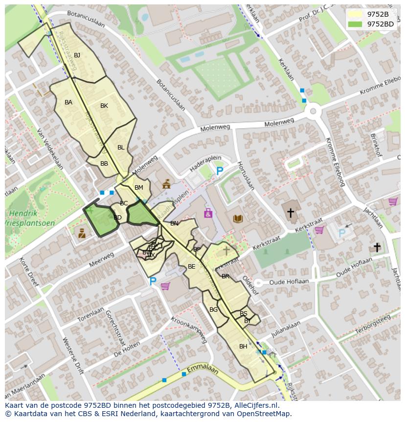 Afbeelding van het postcodegebied 9752 BD op de kaart.
