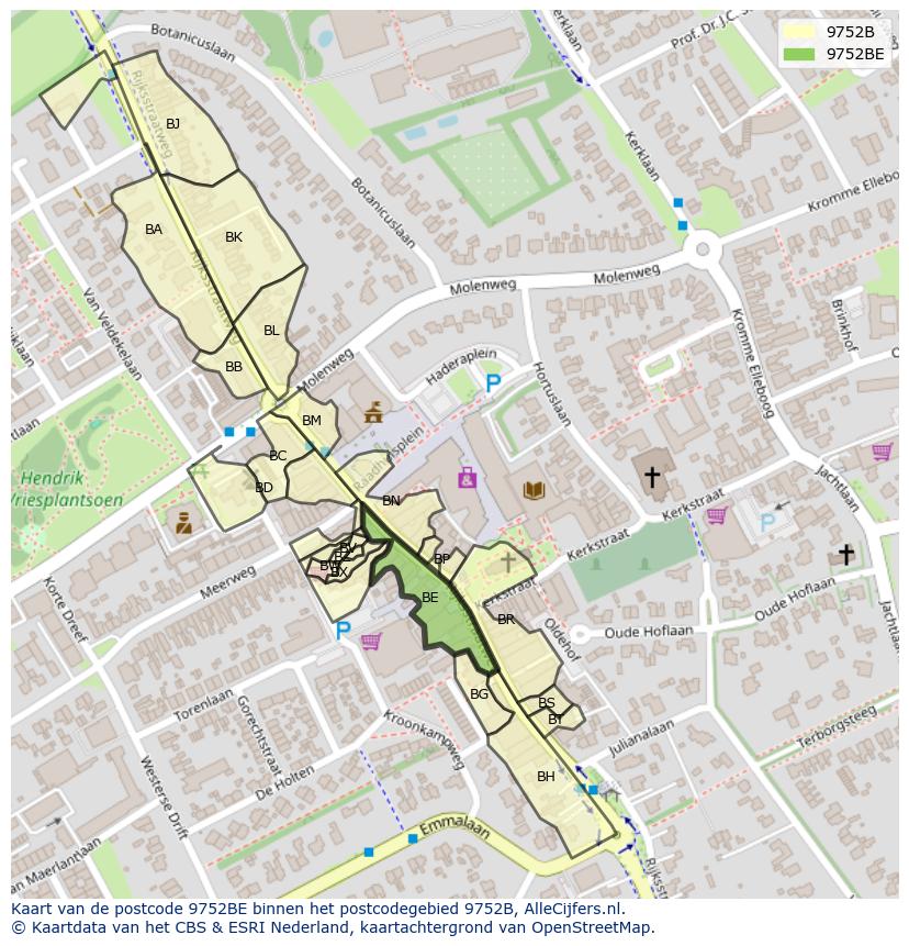 Afbeelding van het postcodegebied 9752 BE op de kaart.