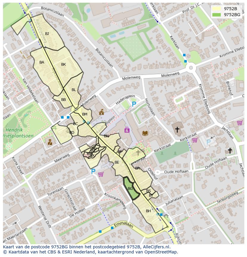 Afbeelding van het postcodegebied 9752 BG op de kaart.