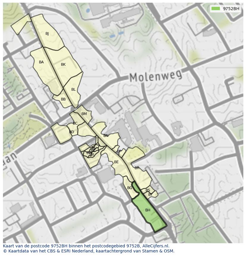 Afbeelding van het postcodegebied 9752 BH op de kaart.