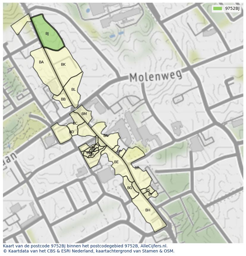 Afbeelding van het postcodegebied 9752 BJ op de kaart.