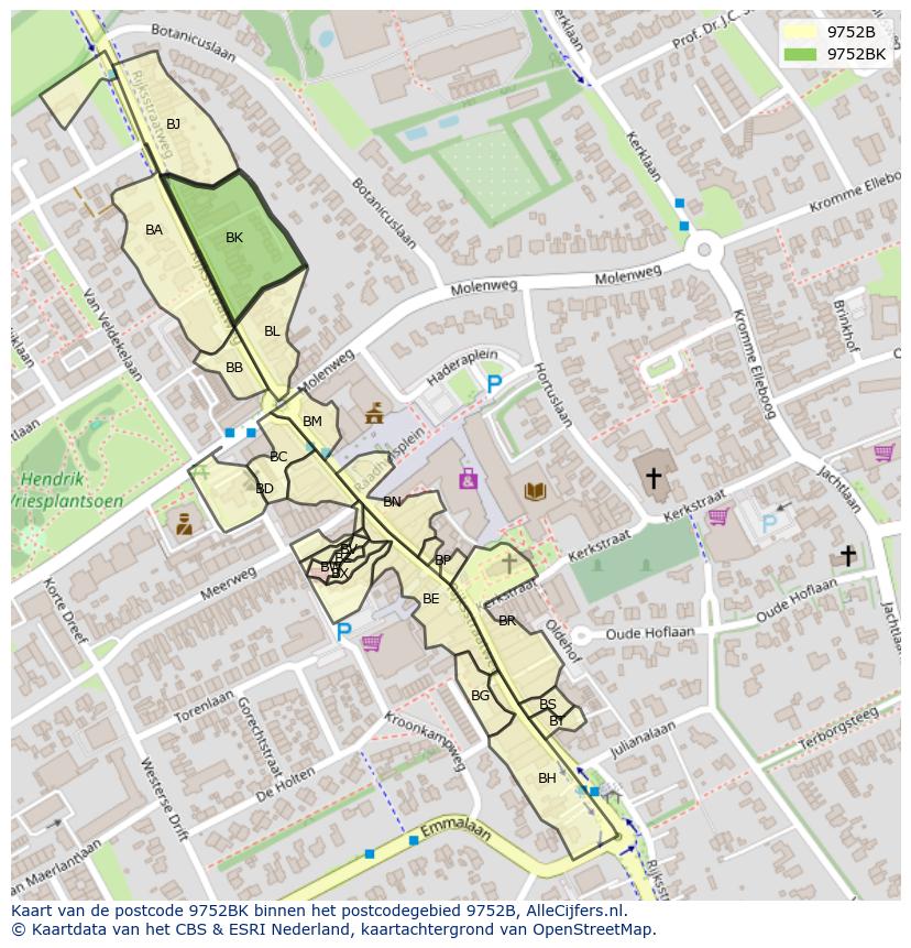 Afbeelding van het postcodegebied 9752 BK op de kaart.