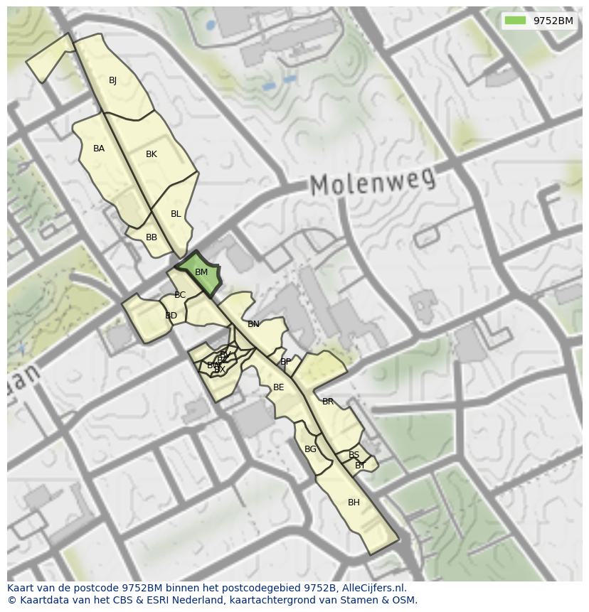 Afbeelding van het postcodegebied 9752 BM op de kaart.