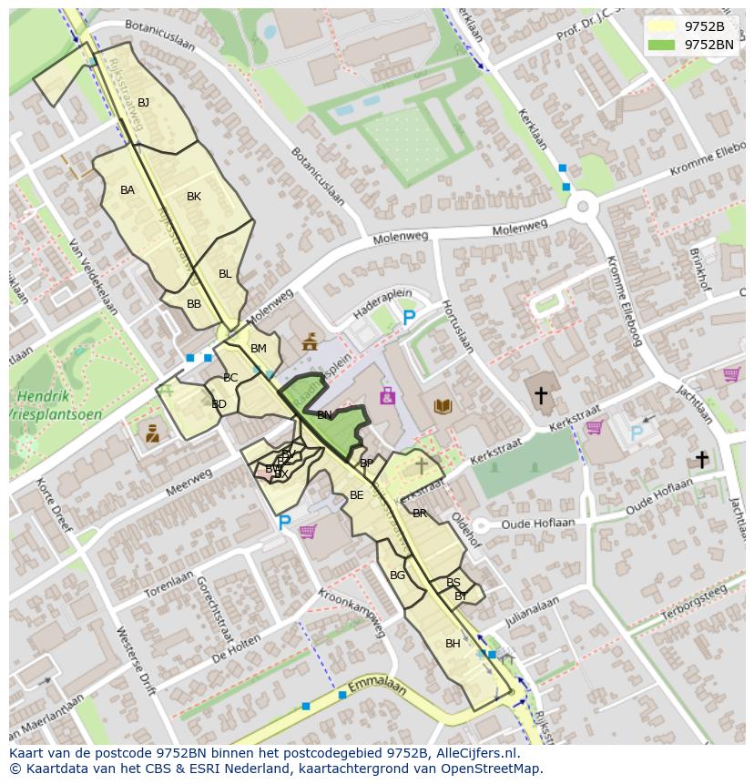 Afbeelding van het postcodegebied 9752 BN op de kaart.