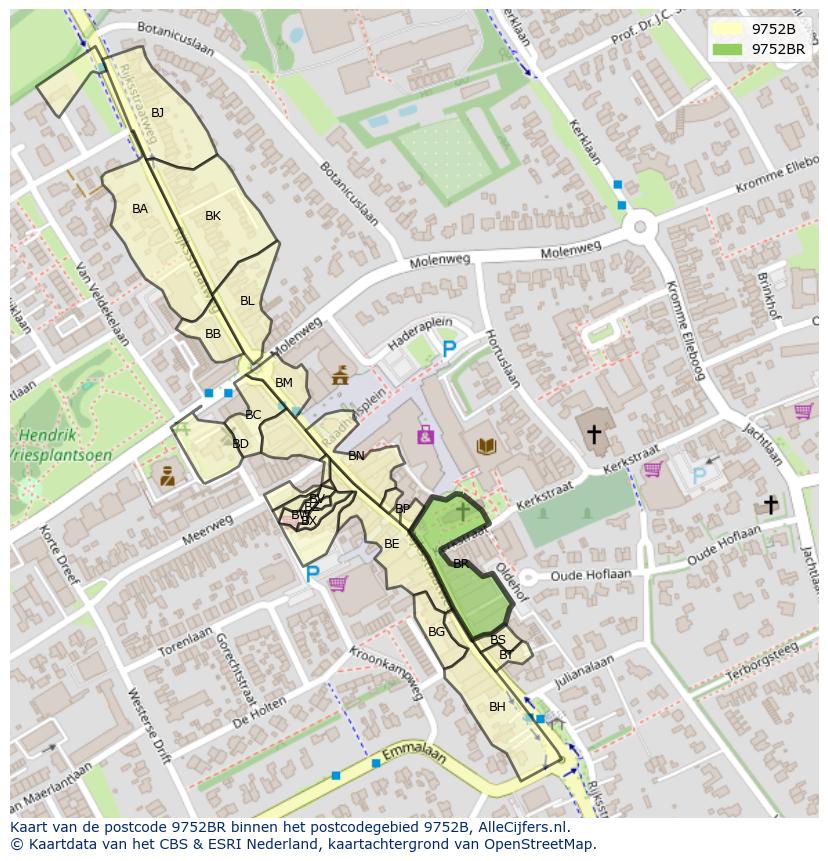 Afbeelding van het postcodegebied 9752 BR op de kaart.