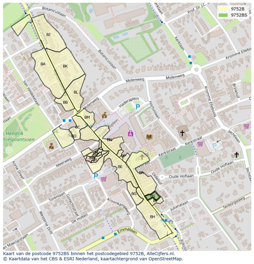 Afbeelding van het postcodegebied 9752 BS op de kaart.