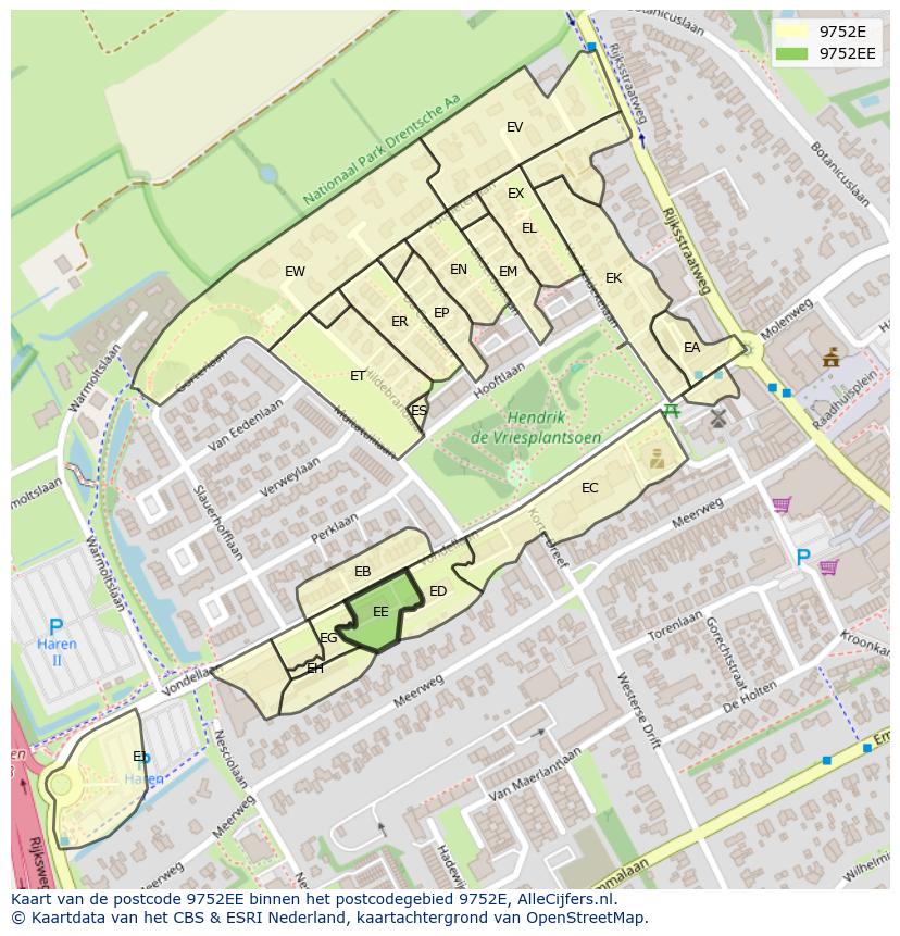 Afbeelding van het postcodegebied 9752 EE op de kaart.