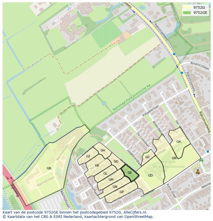 Afbeelding van het postcodegebied 9752 GE op de kaart.