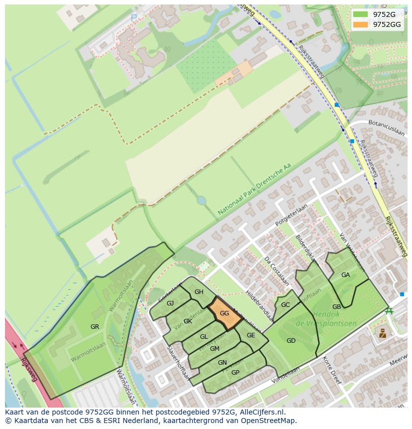 Afbeelding van het postcodegebied 9752 GG op de kaart.