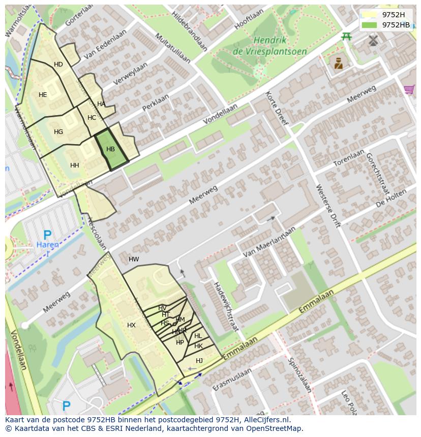 Afbeelding van het postcodegebied 9752 HB op de kaart.