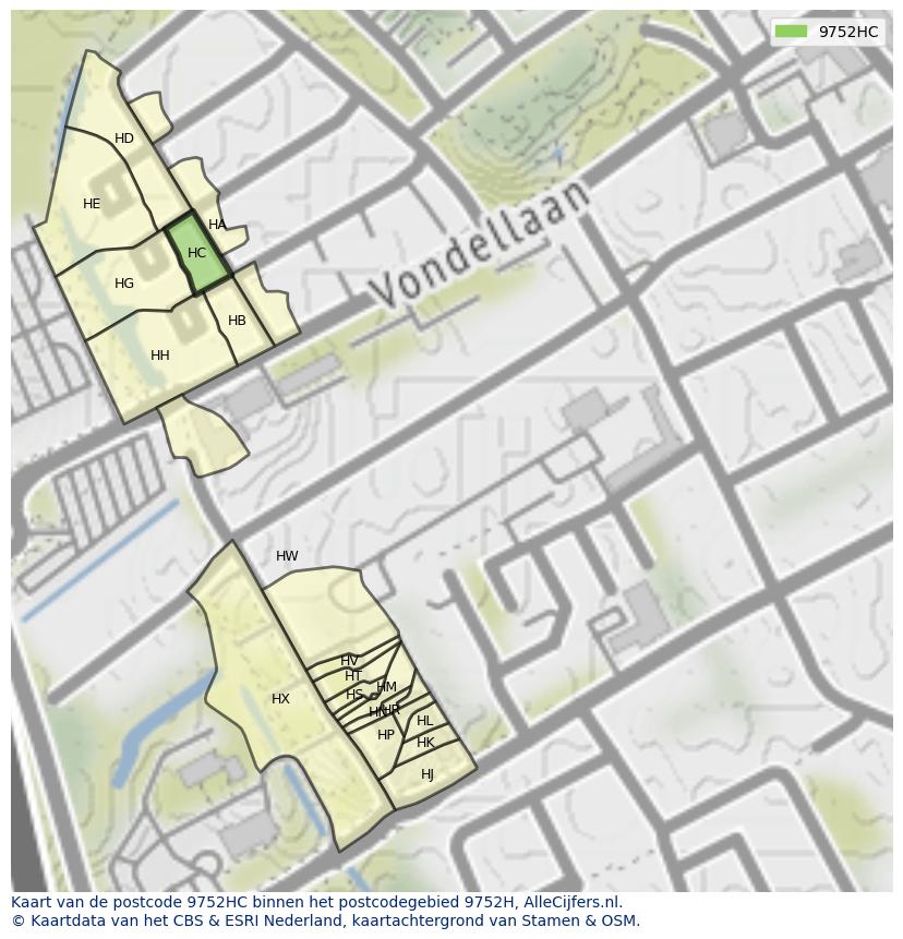 Afbeelding van het postcodegebied 9752 HC op de kaart.