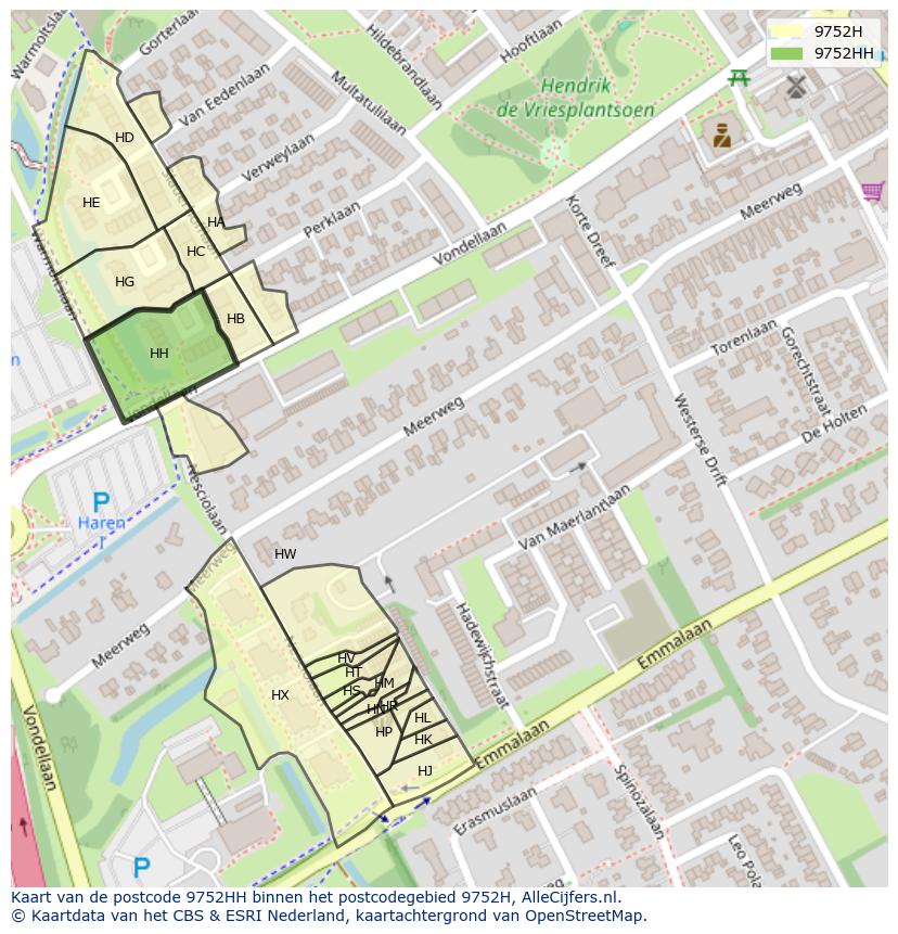 Afbeelding van het postcodegebied 9752 HH op de kaart.