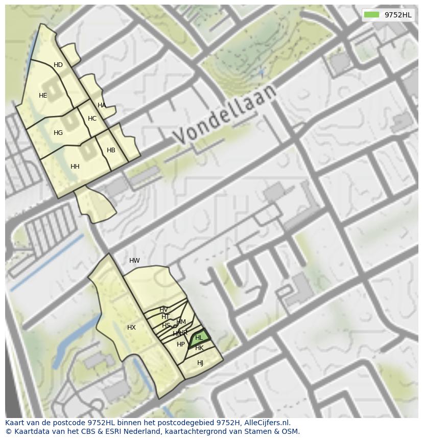 Afbeelding van het postcodegebied 9752 HL op de kaart.