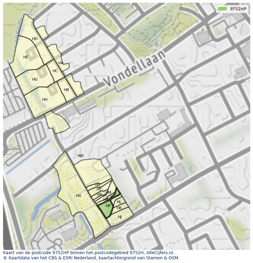 Afbeelding van het postcodegebied 9752 HP op de kaart.