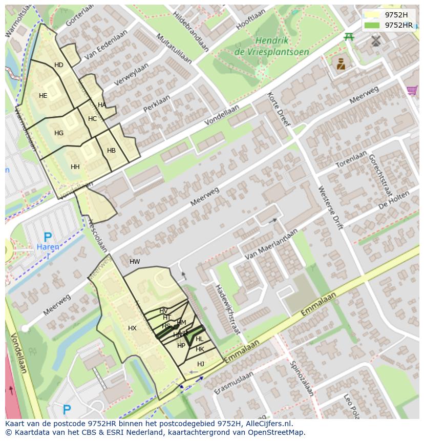 Afbeelding van het postcodegebied 9752 HR op de kaart.