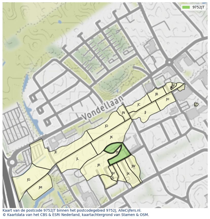 Afbeelding van het postcodegebied 9752 JT op de kaart.