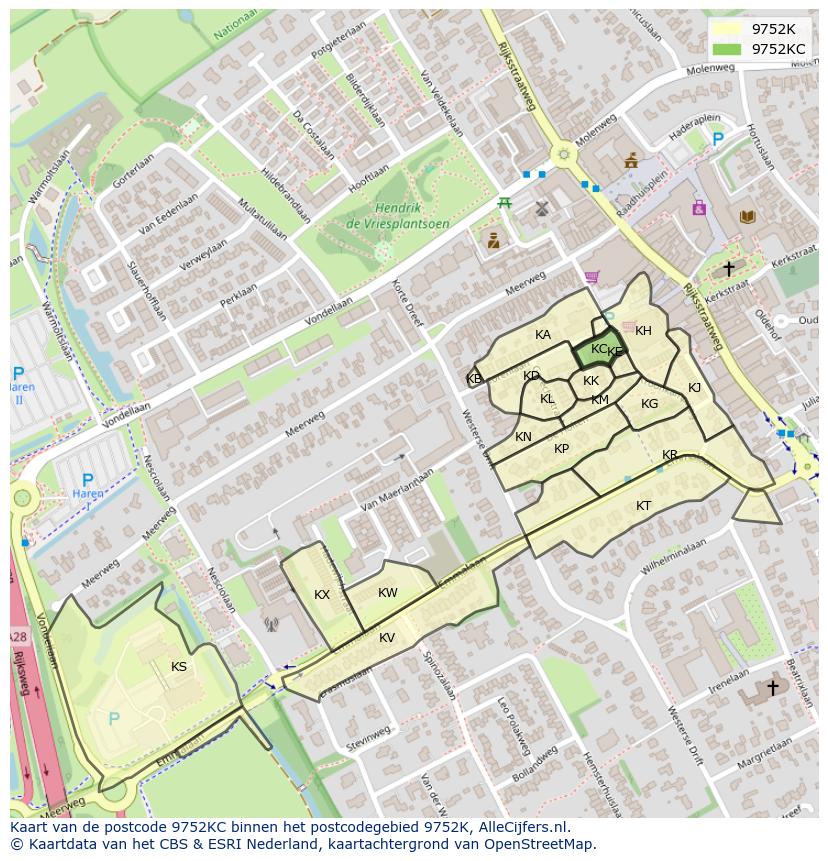 Afbeelding van het postcodegebied 9752 KC op de kaart.