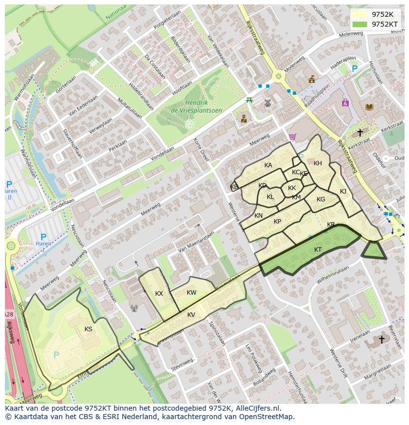 Afbeelding van het postcodegebied 9752 KT op de kaart.