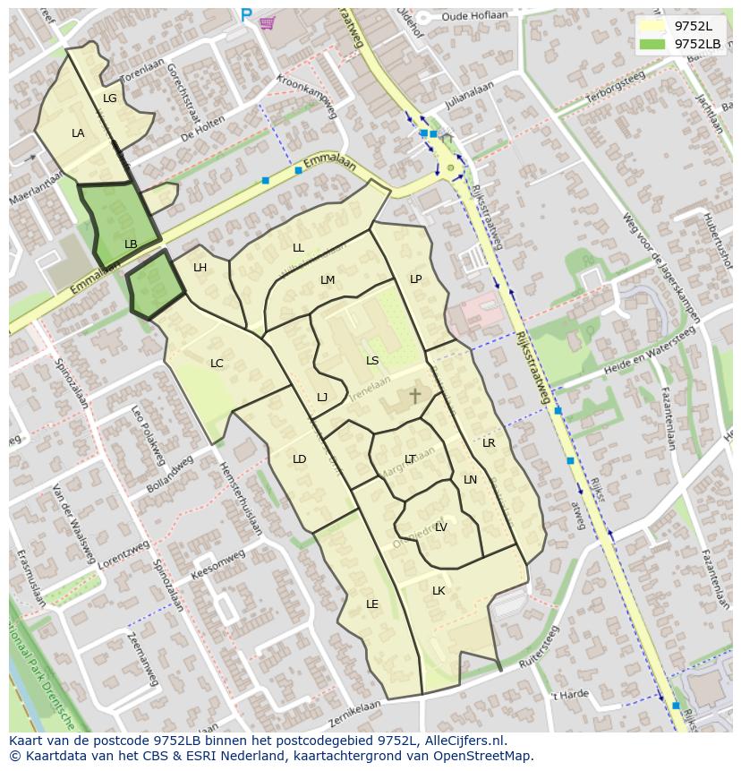 Afbeelding van het postcodegebied 9752 LB op de kaart.