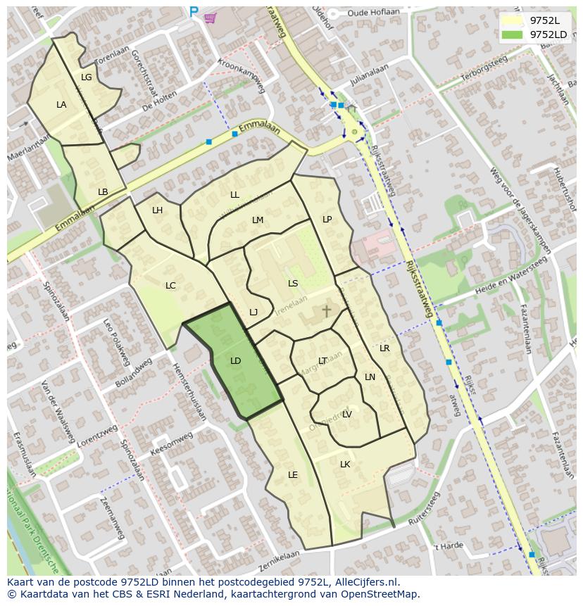 Afbeelding van het postcodegebied 9752 LD op de kaart.