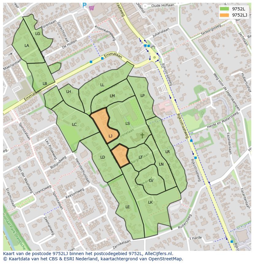 Afbeelding van het postcodegebied 9752 LJ op de kaart.