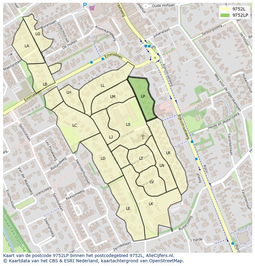 Afbeelding van het postcodegebied 9752 LP op de kaart.