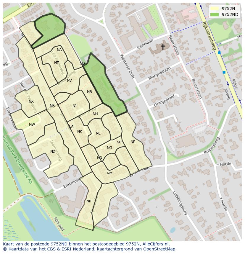 Afbeelding van het postcodegebied 9752 ND op de kaart.