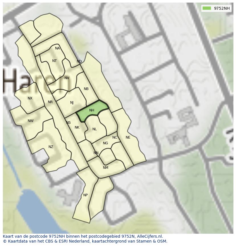 Afbeelding van het postcodegebied 9752 NH op de kaart.