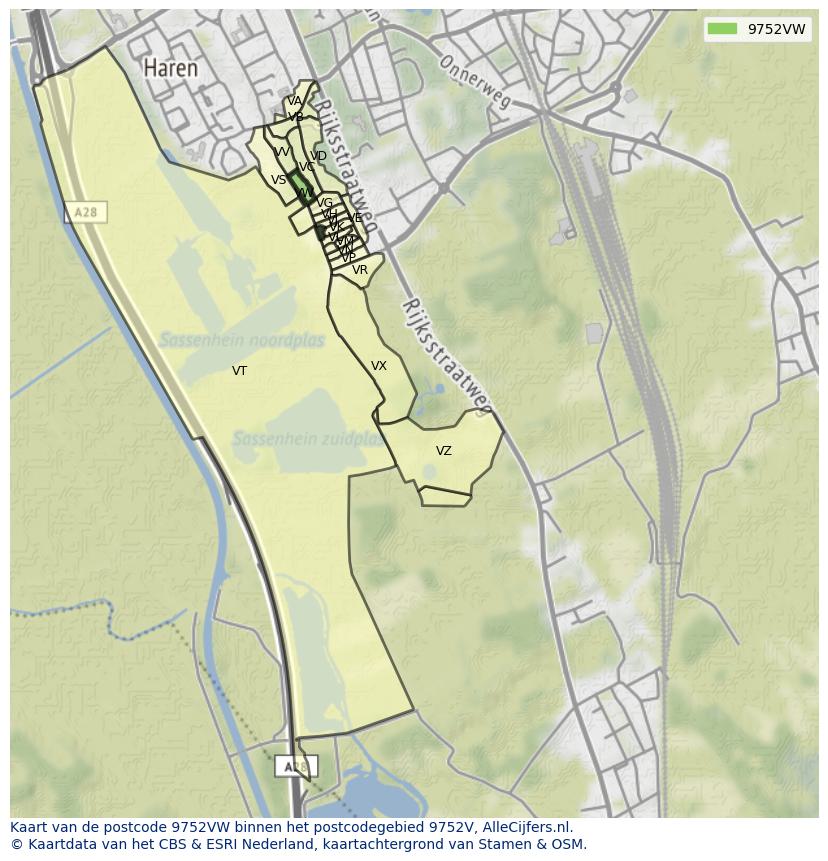 Afbeelding van het postcodegebied 9752 VW op de kaart.
