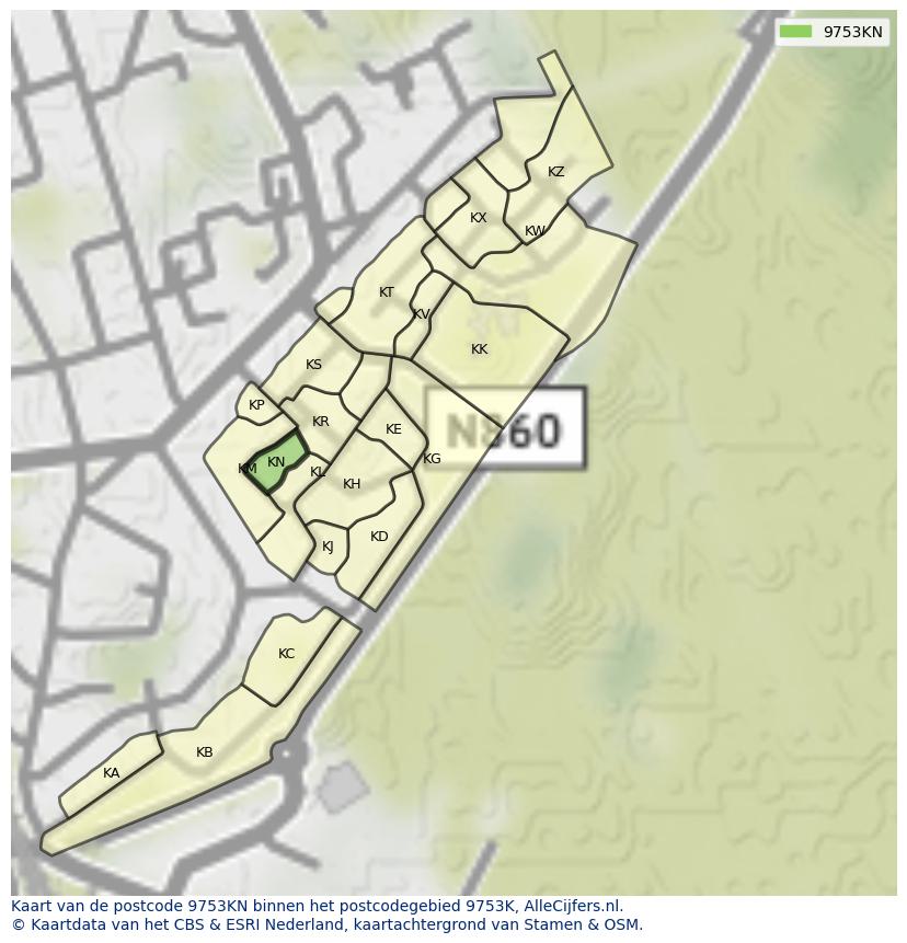 Afbeelding van het postcodegebied 9753 KN op de kaart.