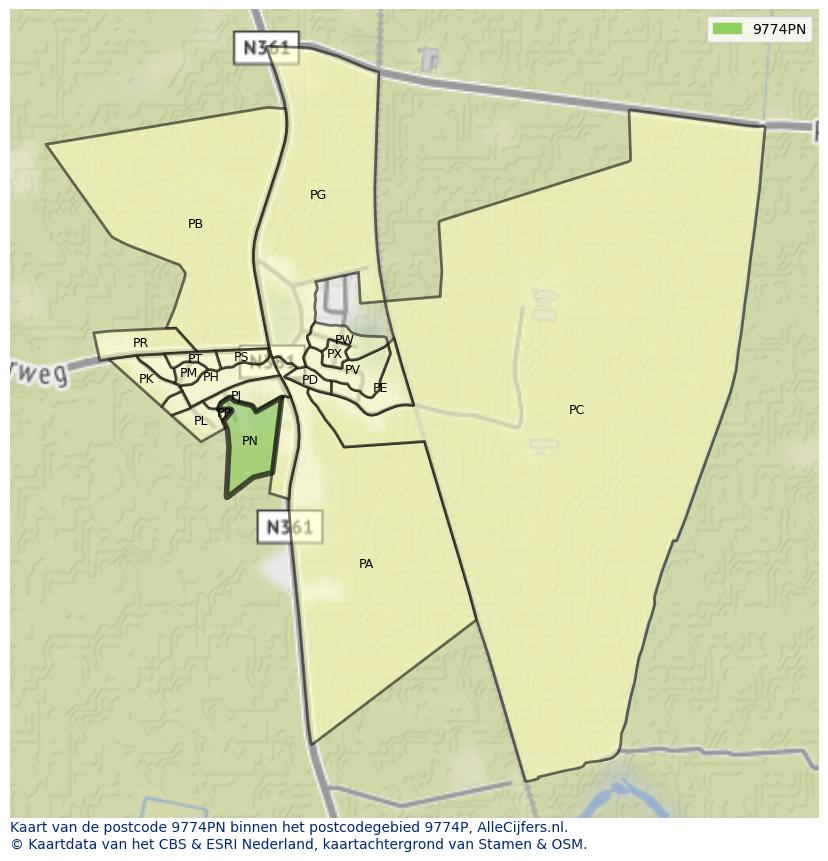 Afbeelding van het postcodegebied 9774 PN op de kaart.