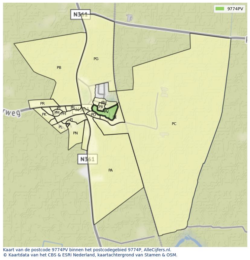 Afbeelding van het postcodegebied 9774 PV op de kaart.