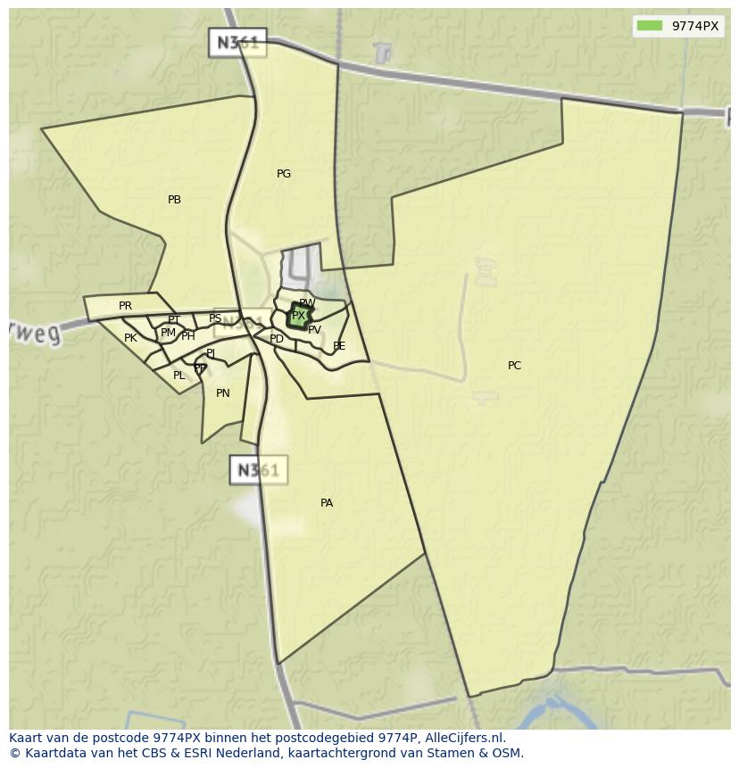 Afbeelding van het postcodegebied 9774 PX op de kaart.