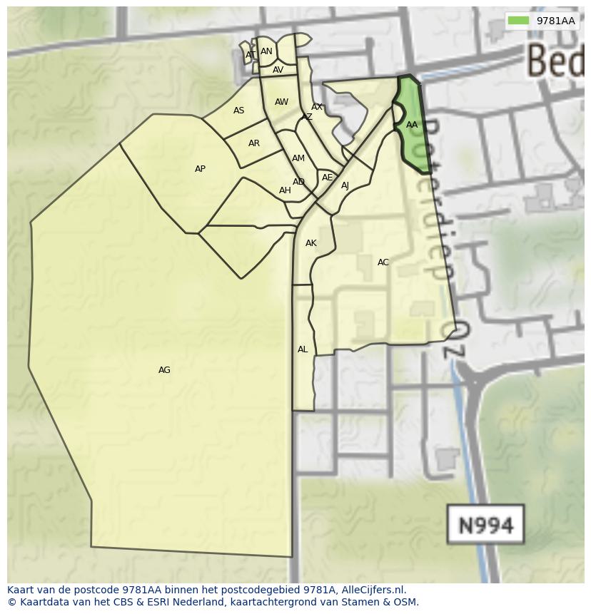 Afbeelding van het postcodegebied 9781 AA op de kaart.