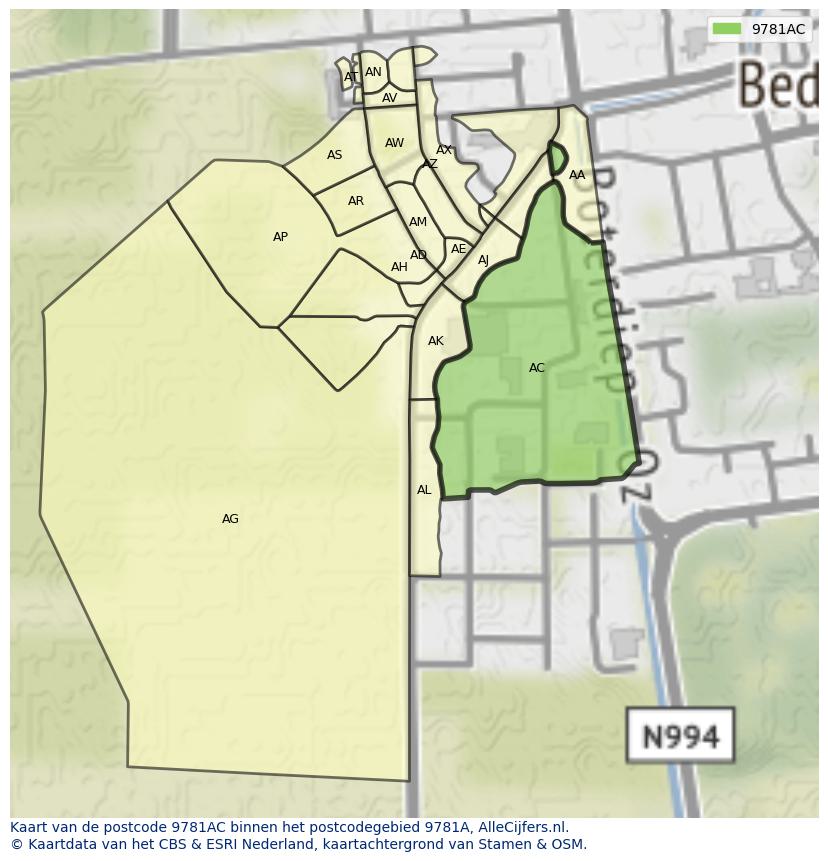 Afbeelding van het postcodegebied 9781 AC op de kaart.