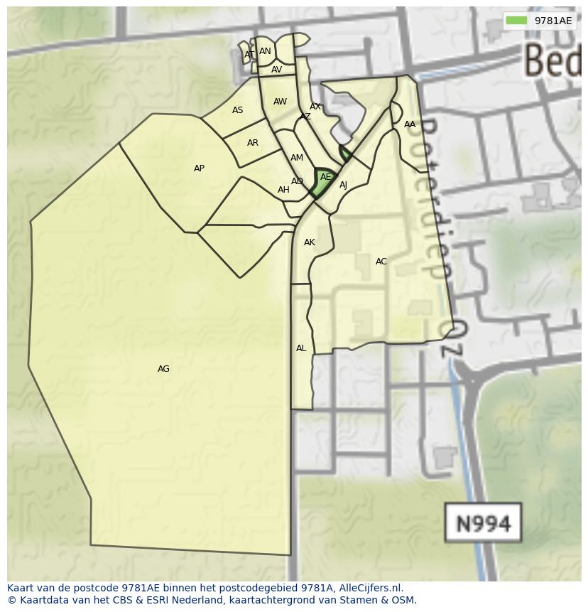 Afbeelding van het postcodegebied 9781 AE op de kaart.