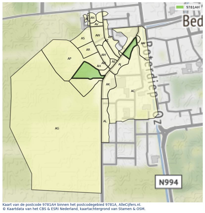 Afbeelding van het postcodegebied 9781 AH op de kaart.