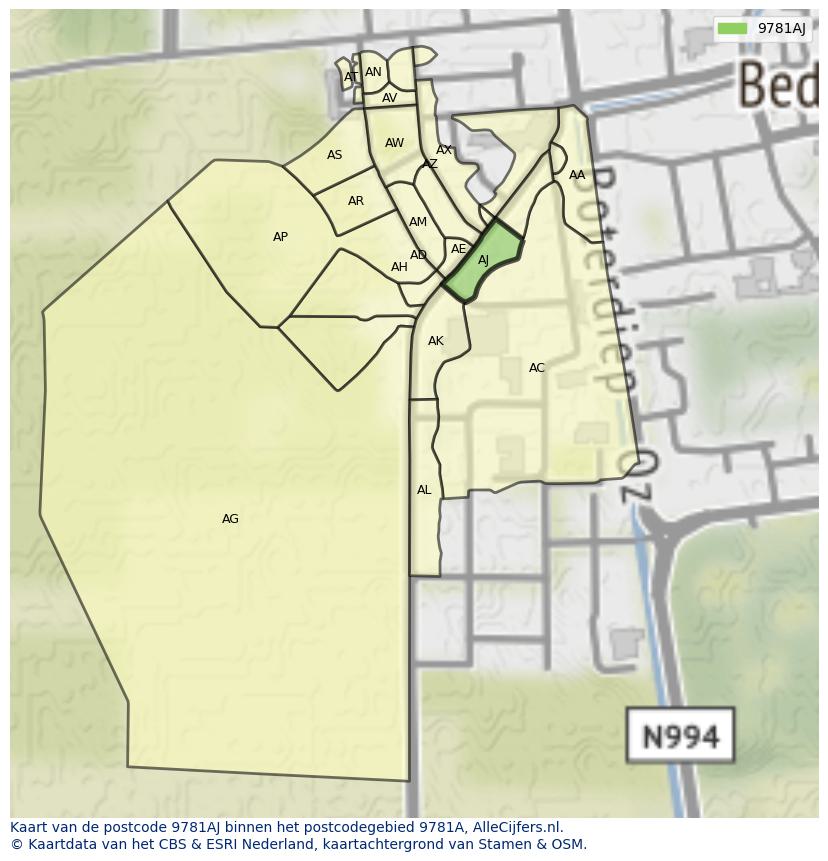 Afbeelding van het postcodegebied 9781 AJ op de kaart.