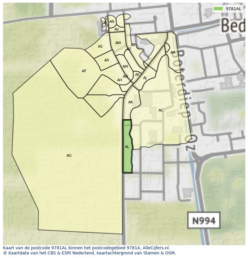 Afbeelding van het postcodegebied 9781 AL op de kaart.