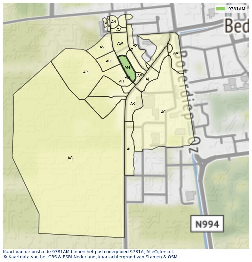 Afbeelding van het postcodegebied 9781 AM op de kaart.