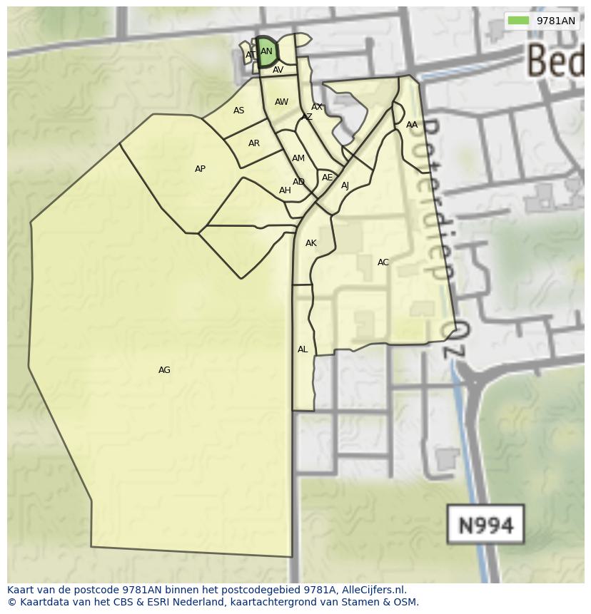 Afbeelding van het postcodegebied 9781 AN op de kaart.