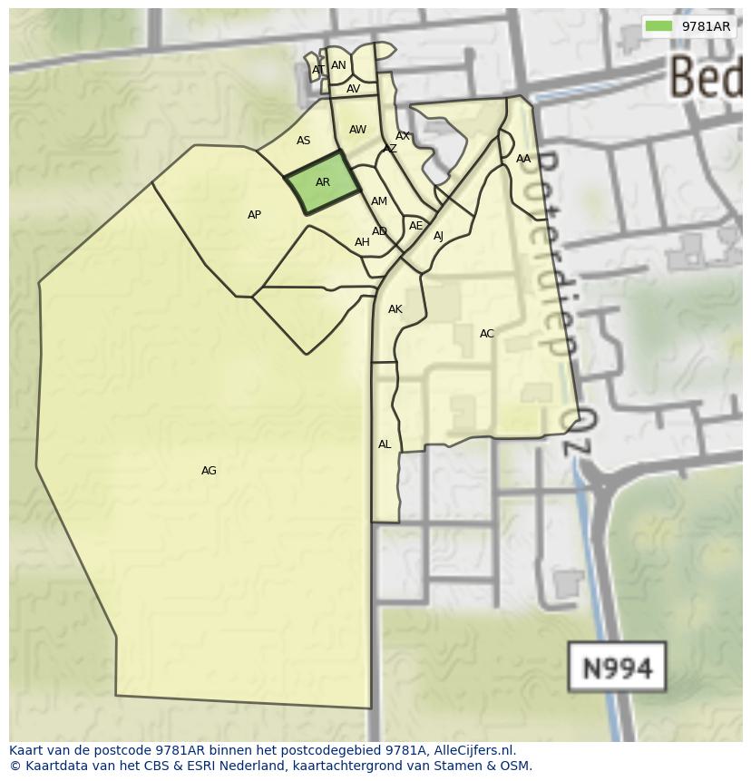 Afbeelding van het postcodegebied 9781 AR op de kaart.
