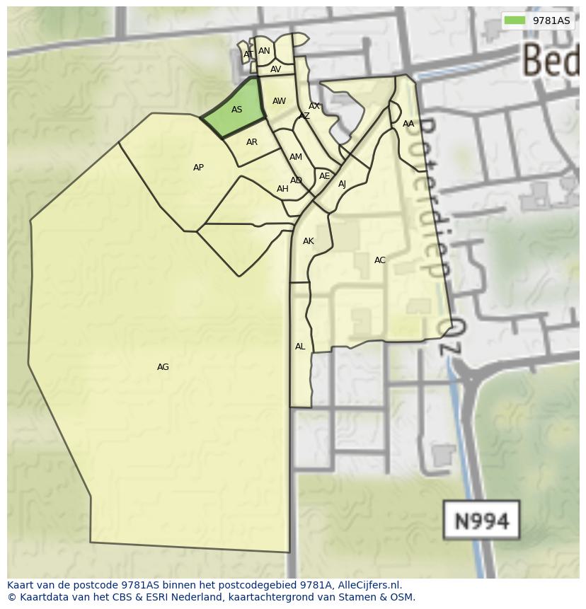 Afbeelding van het postcodegebied 9781 AS op de kaart.