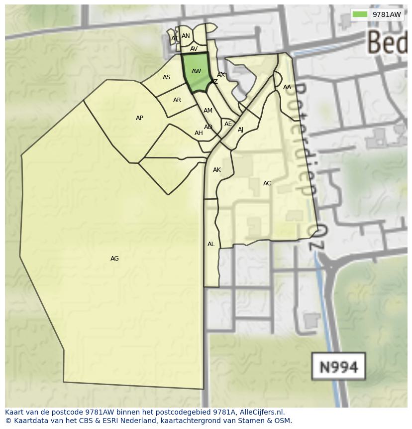 Afbeelding van het postcodegebied 9781 AW op de kaart.