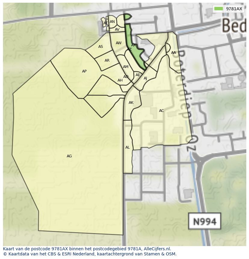 Afbeelding van het postcodegebied 9781 AX op de kaart.