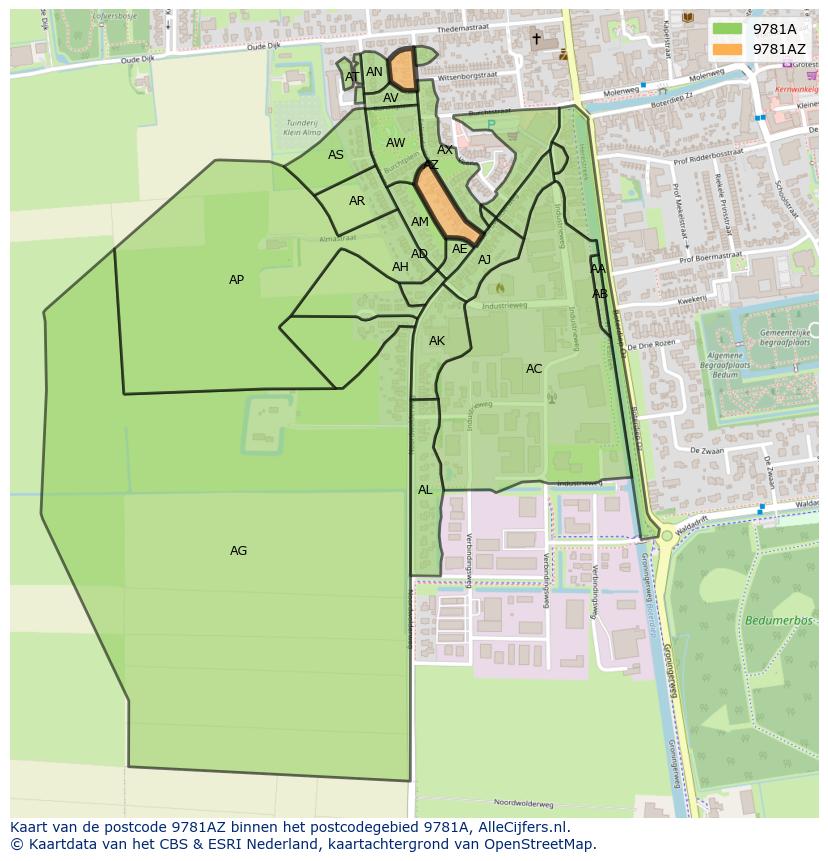 Afbeelding van het postcodegebied 9781 AZ op de kaart.