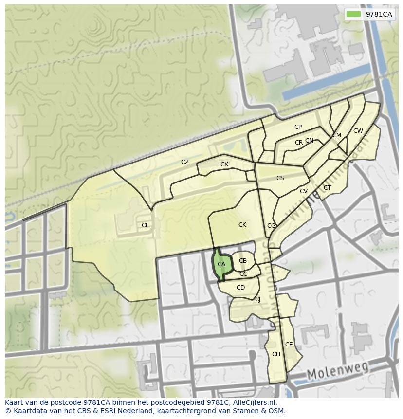 Afbeelding van het postcodegebied 9781 CA op de kaart.