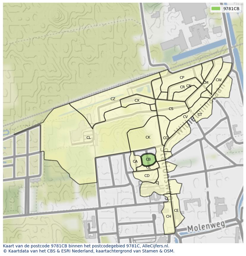 Afbeelding van het postcodegebied 9781 CB op de kaart.