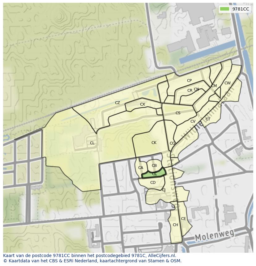 Afbeelding van het postcodegebied 9781 CC op de kaart.